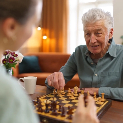 Live-in carer playing chess with a client